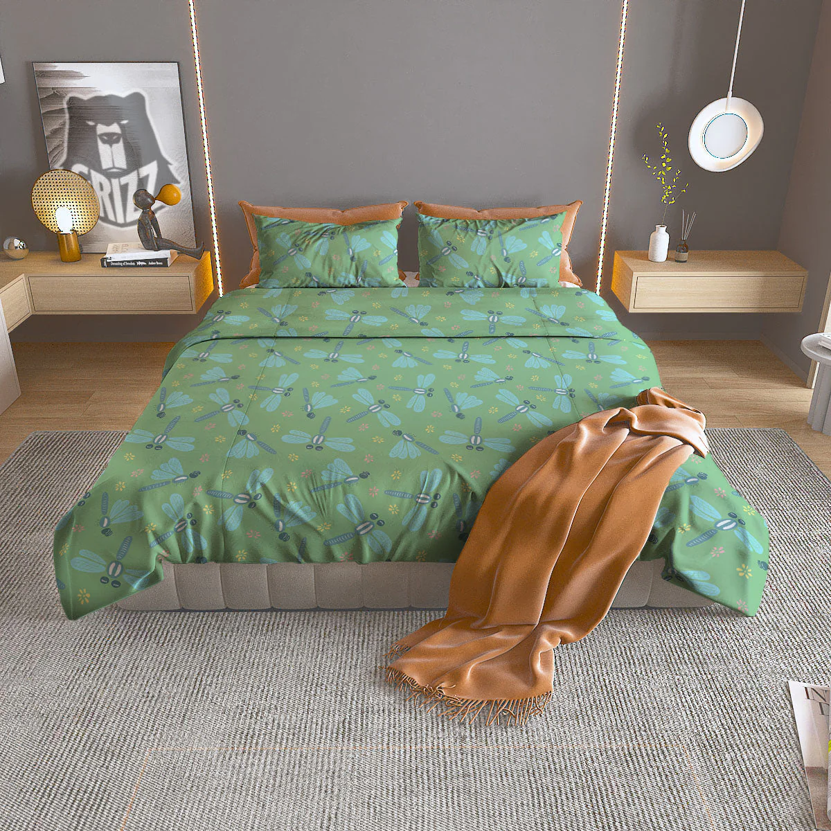 Dragonfly Green Print Pattern Duvet Cover Bedding Set