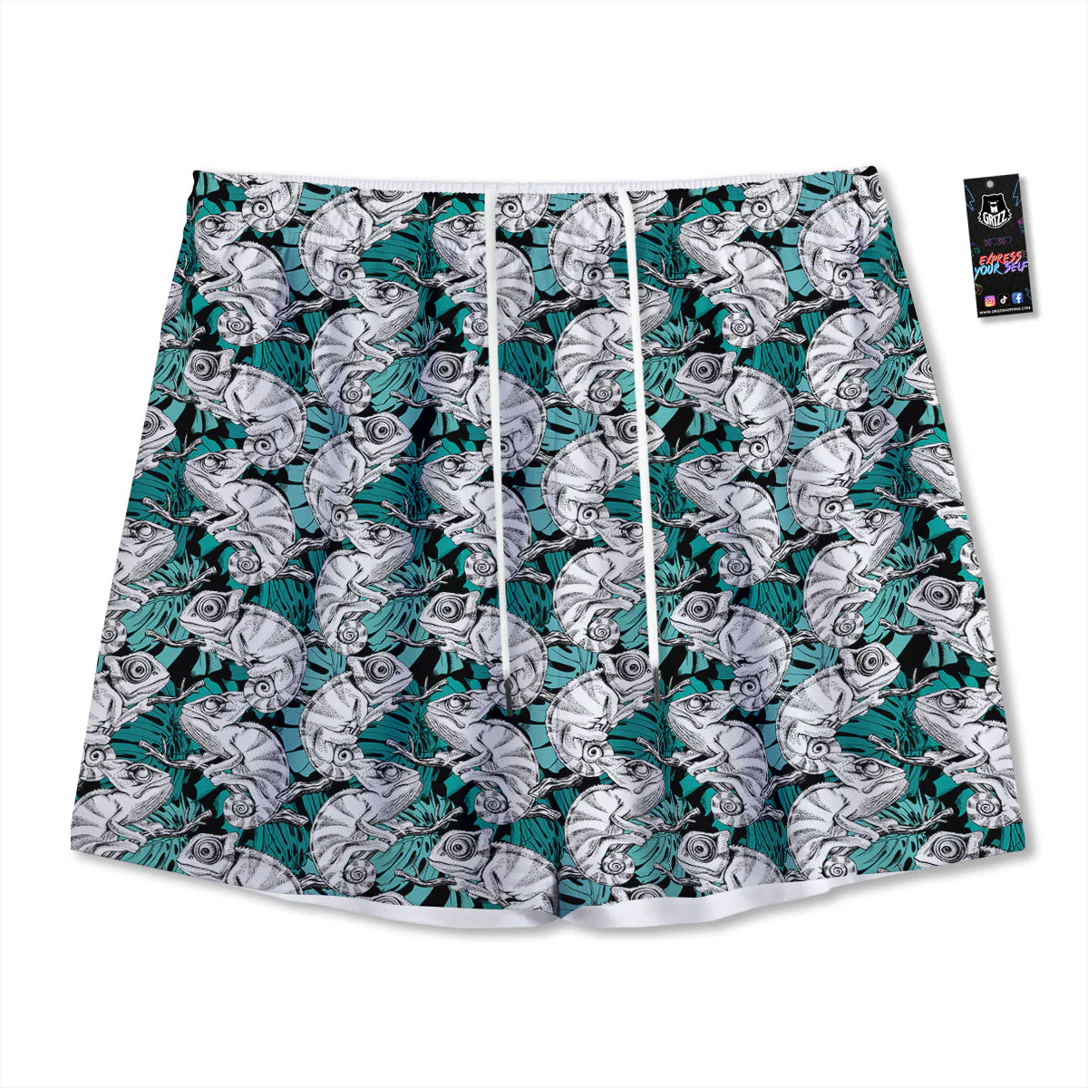 Drawing Chameleon And Monstera Leaf Print Pattern Mesh Shorts