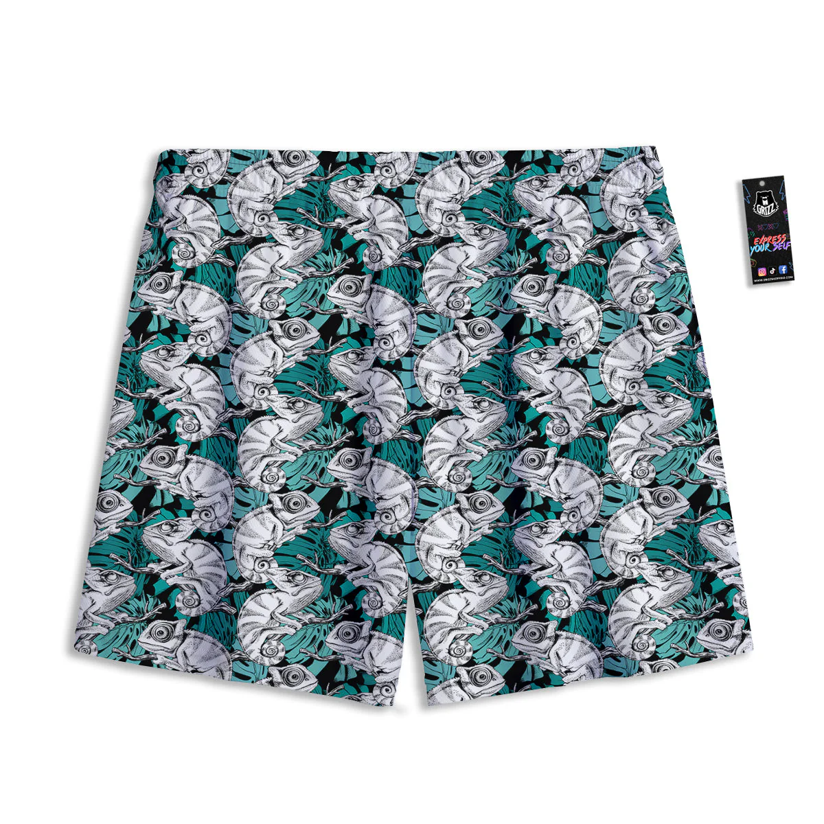 Drawing Chameleon And Monstera Leaf Print Pattern Mesh Shorts - Image 2