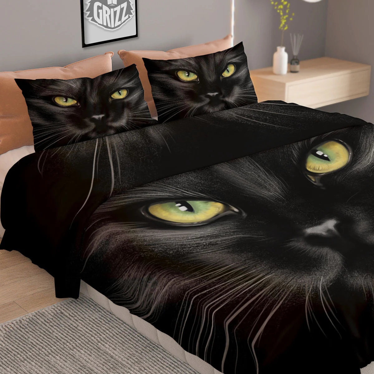Drawing Portrait Black Cat Print Duvet Cover Bedding Set - Image 2