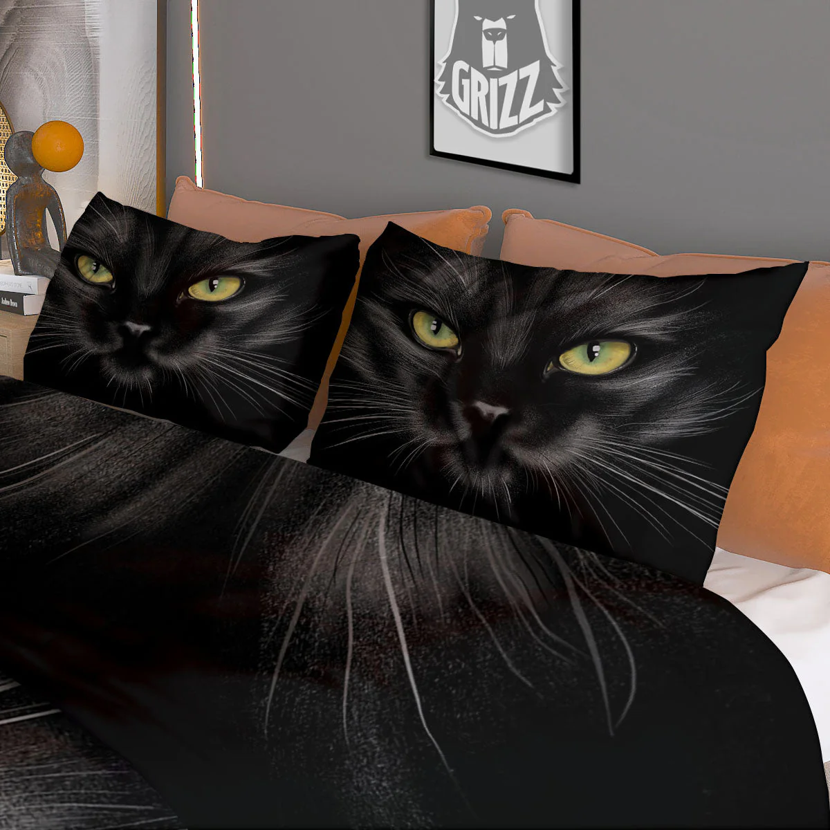 Drawing Portrait Black Cat Print Duvet Cover Bedding Set - Image 3