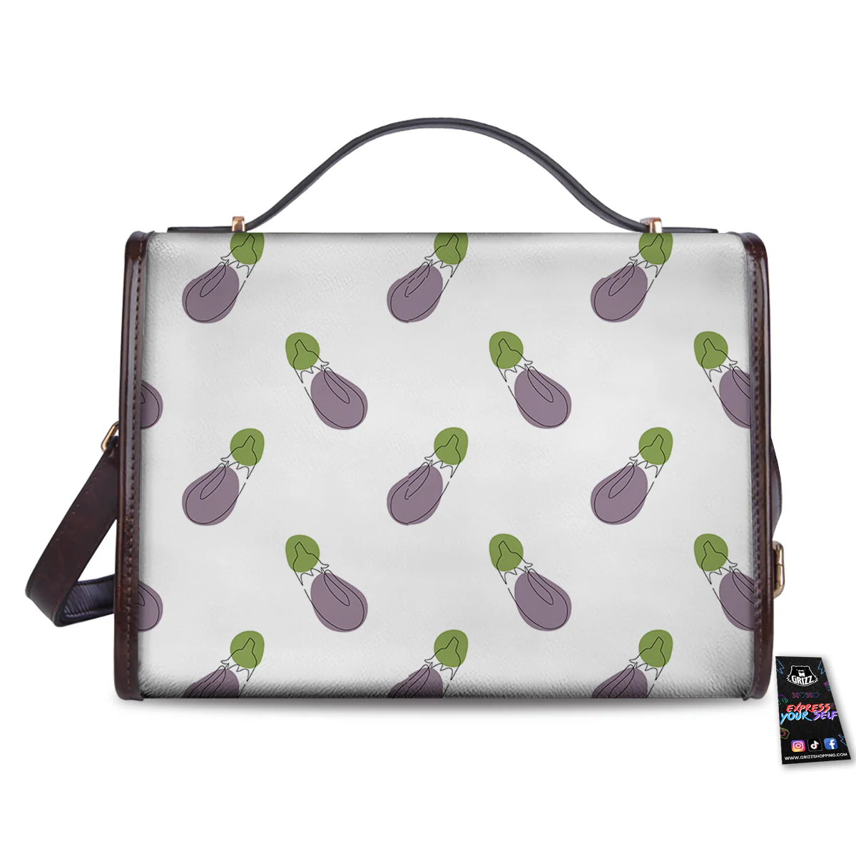 Drawing White Eggplant Print Pattern Women's Satchel Bag - Image 2