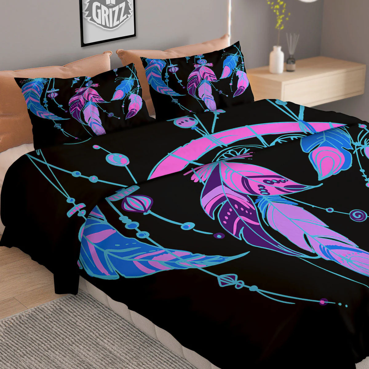 Dream Catcher Blue And Purple Black Print Duvet Cover Bedding Set - Image 2