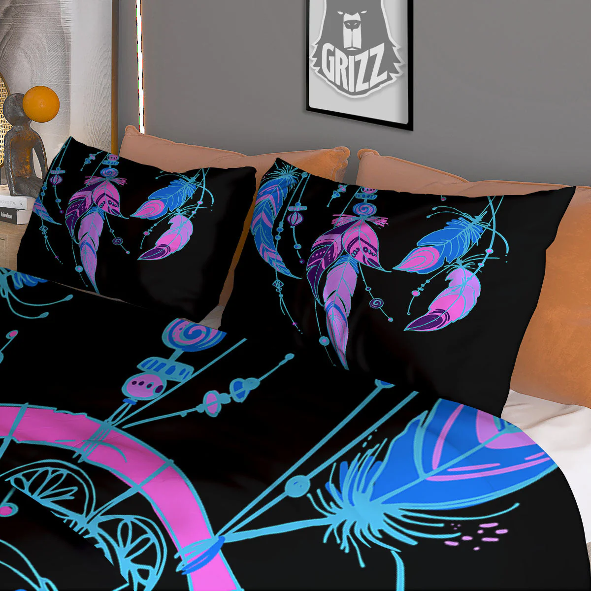 Dream Catcher Blue And Purple Black Print Duvet Cover Bedding Set - Image 3