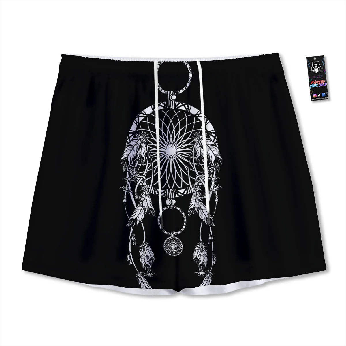 Dream Catcher White And Black Print Mesh Shorts