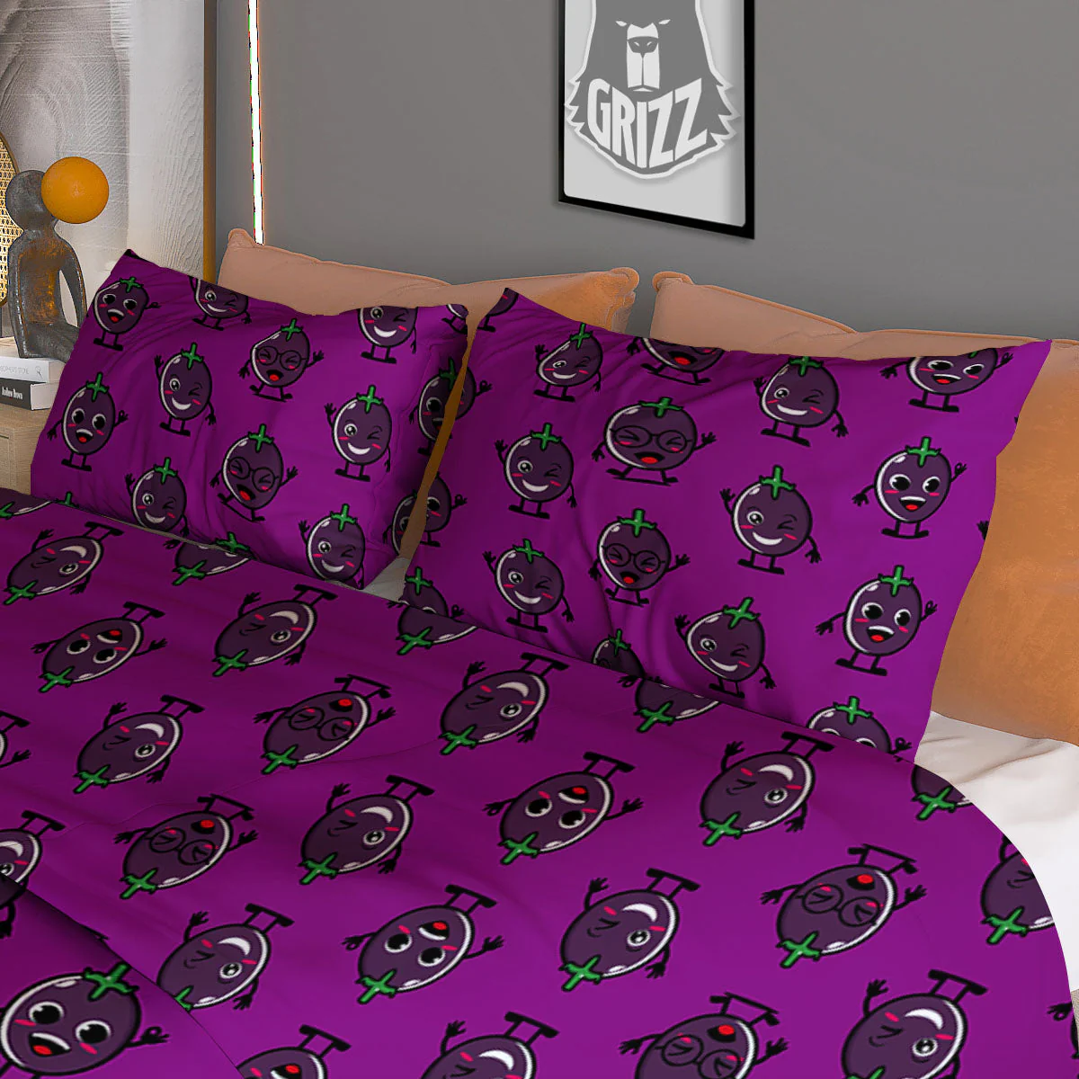 Eggplant Cartoon Print Pattern Duvet Cover Bedding Set - Image 3