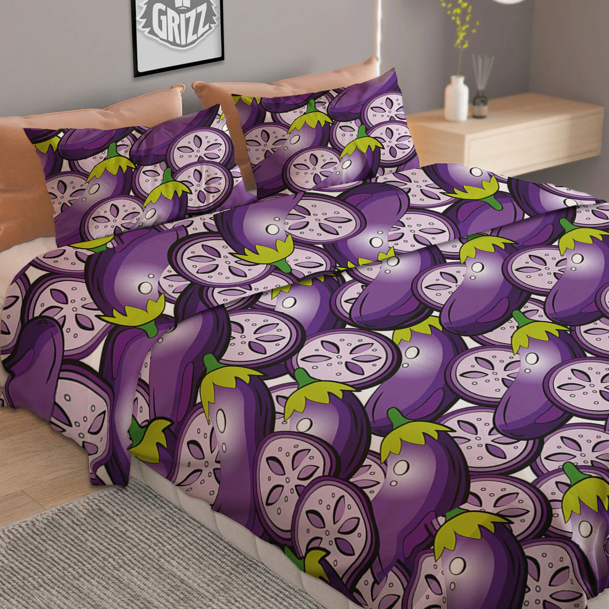 Eggplant Purple Print Pattern Duvet Cover Bedding Set - Image 2