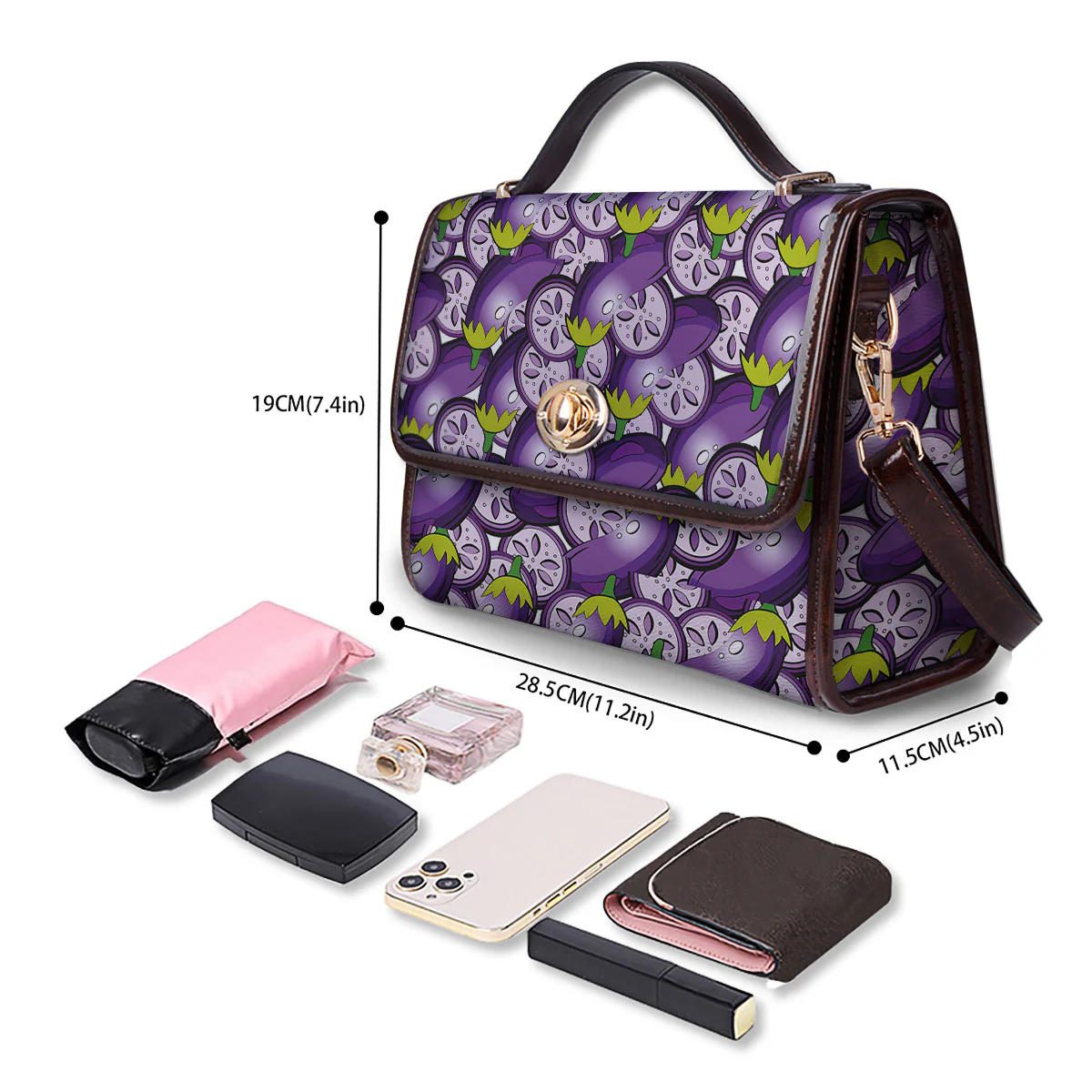 Eggplant Purple Print Pattern Women's Satchel Bag - Image 4