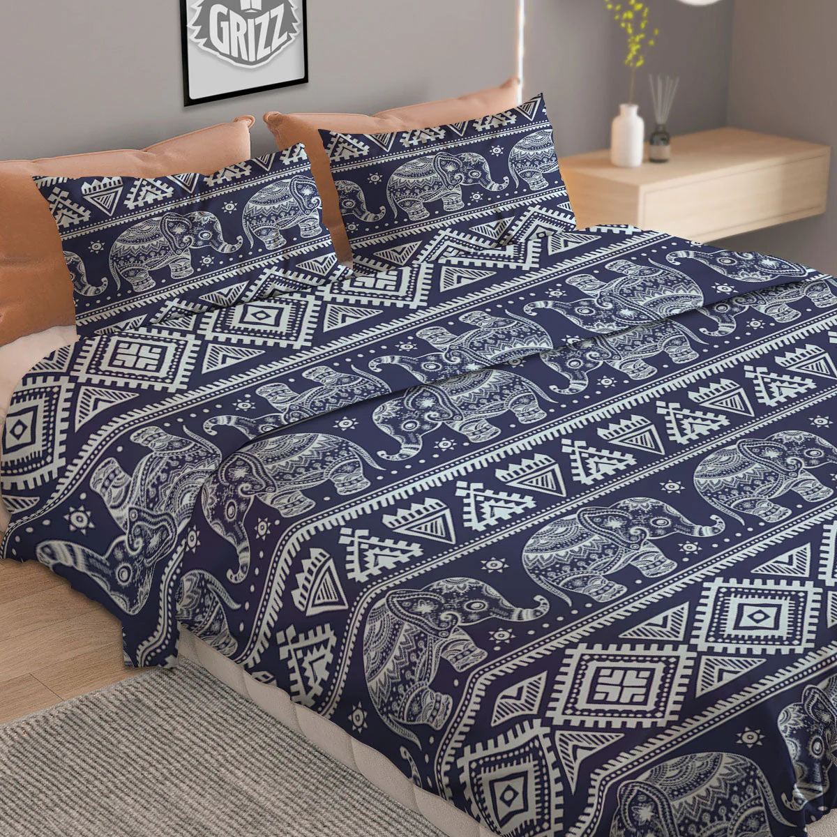 Elephant Indian Blue Print Pattern Duvet Cover Bedding Set - Image 2