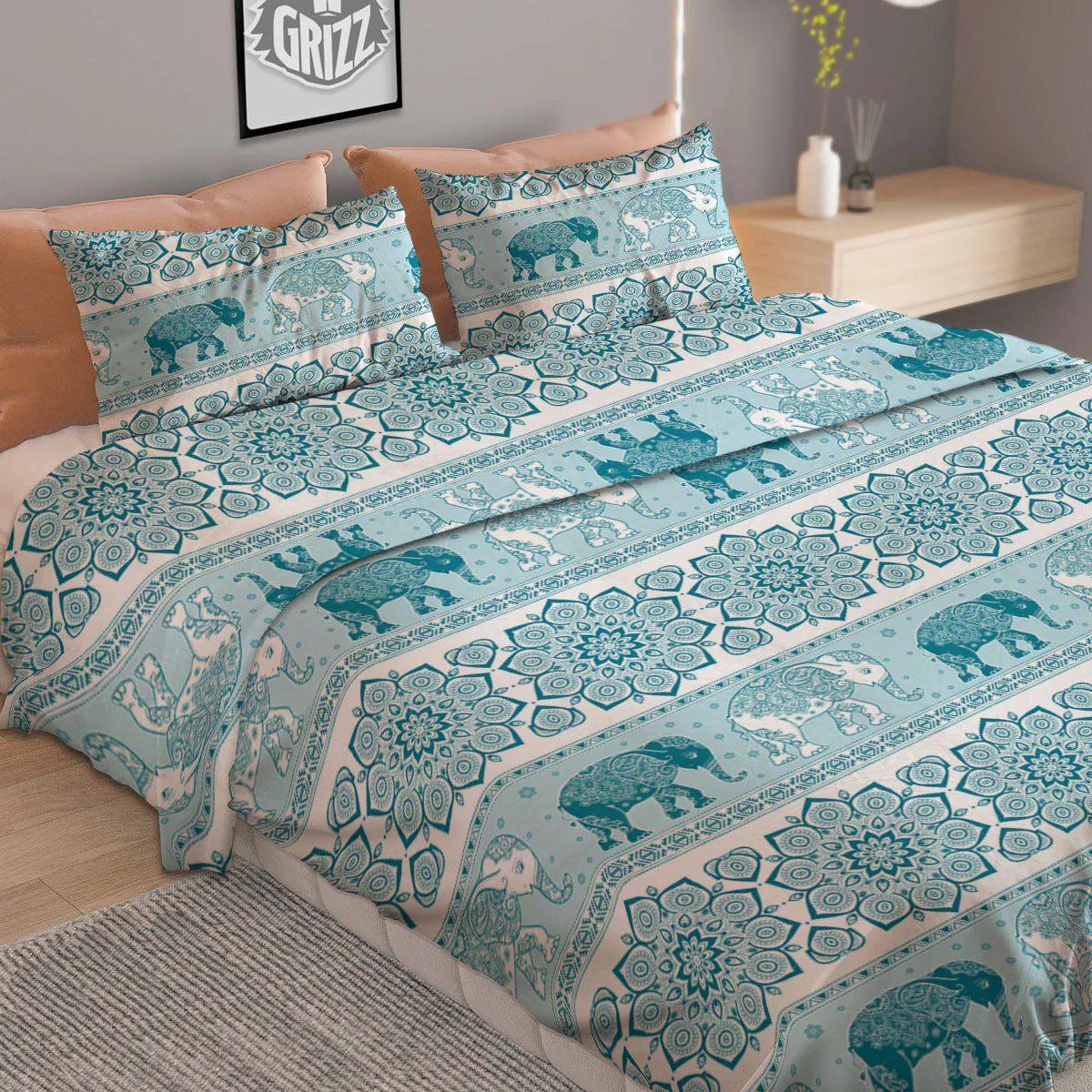 Elephant Indian Floral Print Pattern Duvet Cover Bedding Set - Image 2