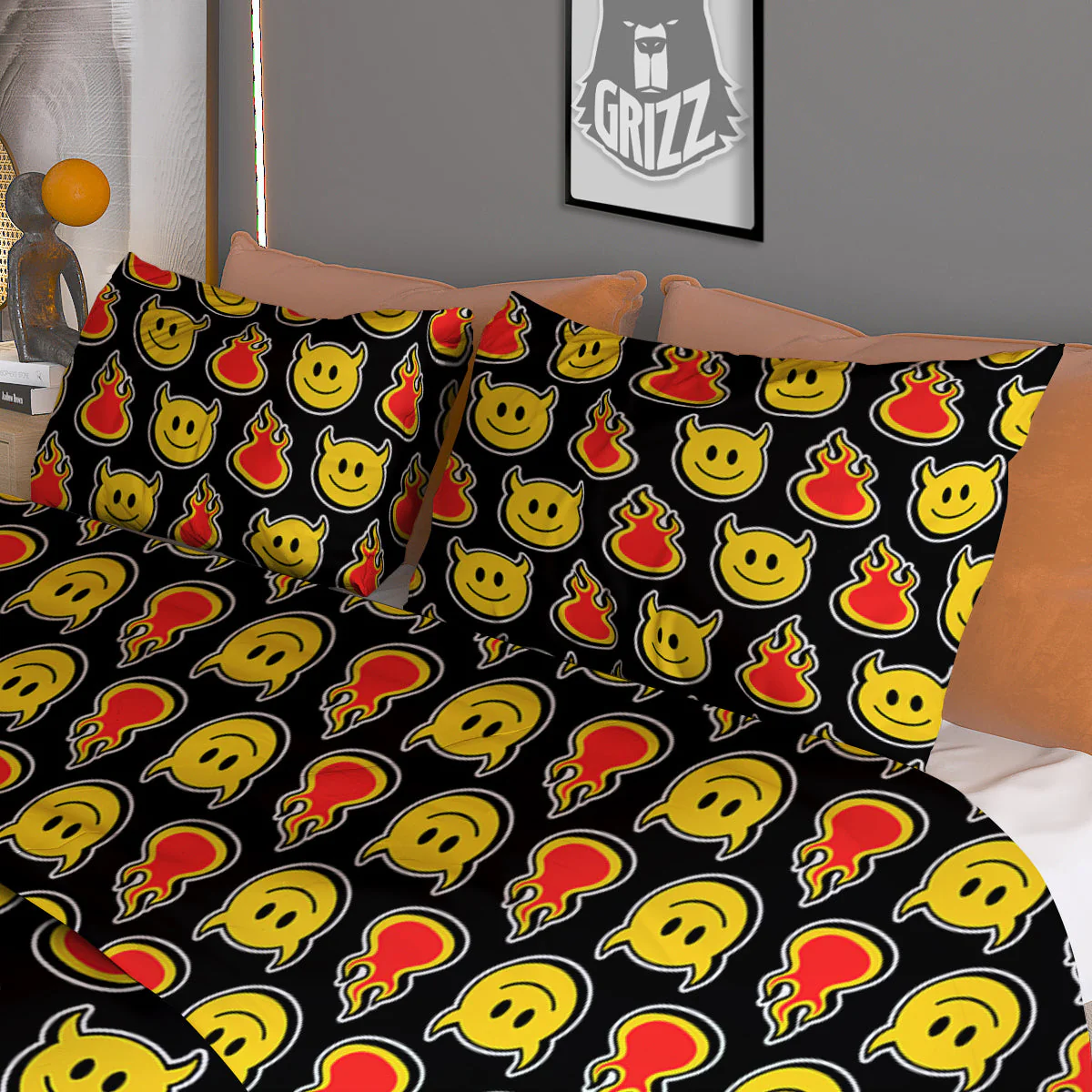 Emoji Fire And Devil Cute Print Pattern Duvet Cover Bedding Set - Image 3