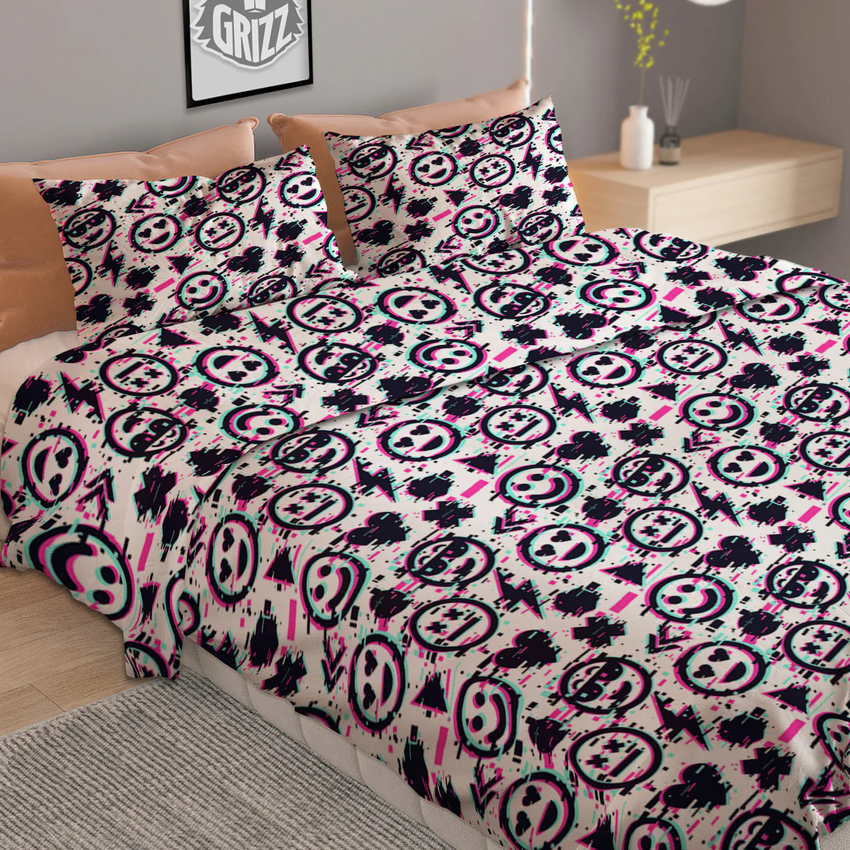 Emoji Glitch Neon Print Pattern Duvet Cover Bedding Set - Image 2