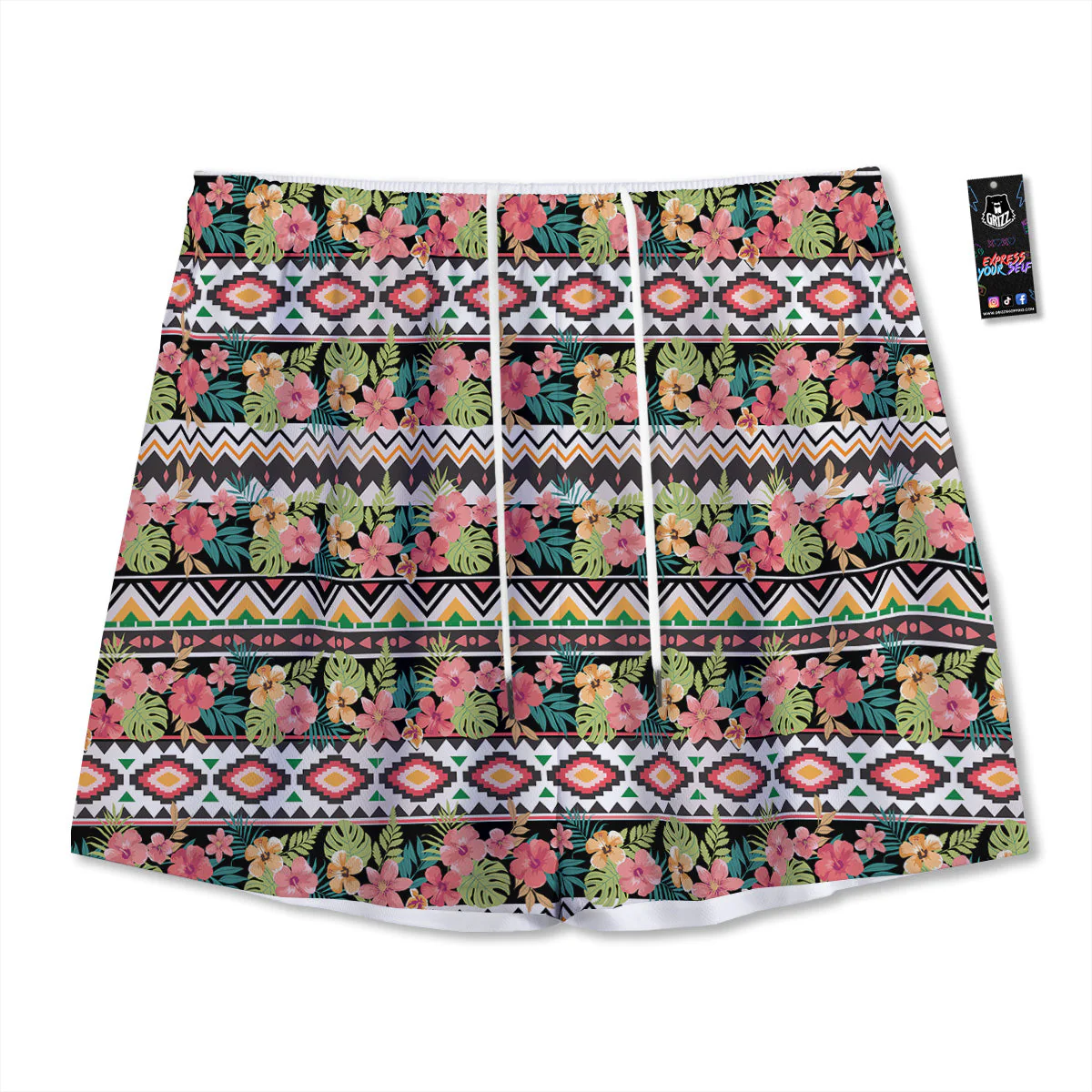 Ethnic Mix Tropical Flower Print Pattern Mesh Shorts