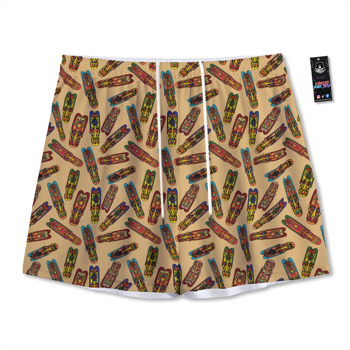 Ethnic Tribal Vintage Style African Mask Print Pattern Mesh Shorts