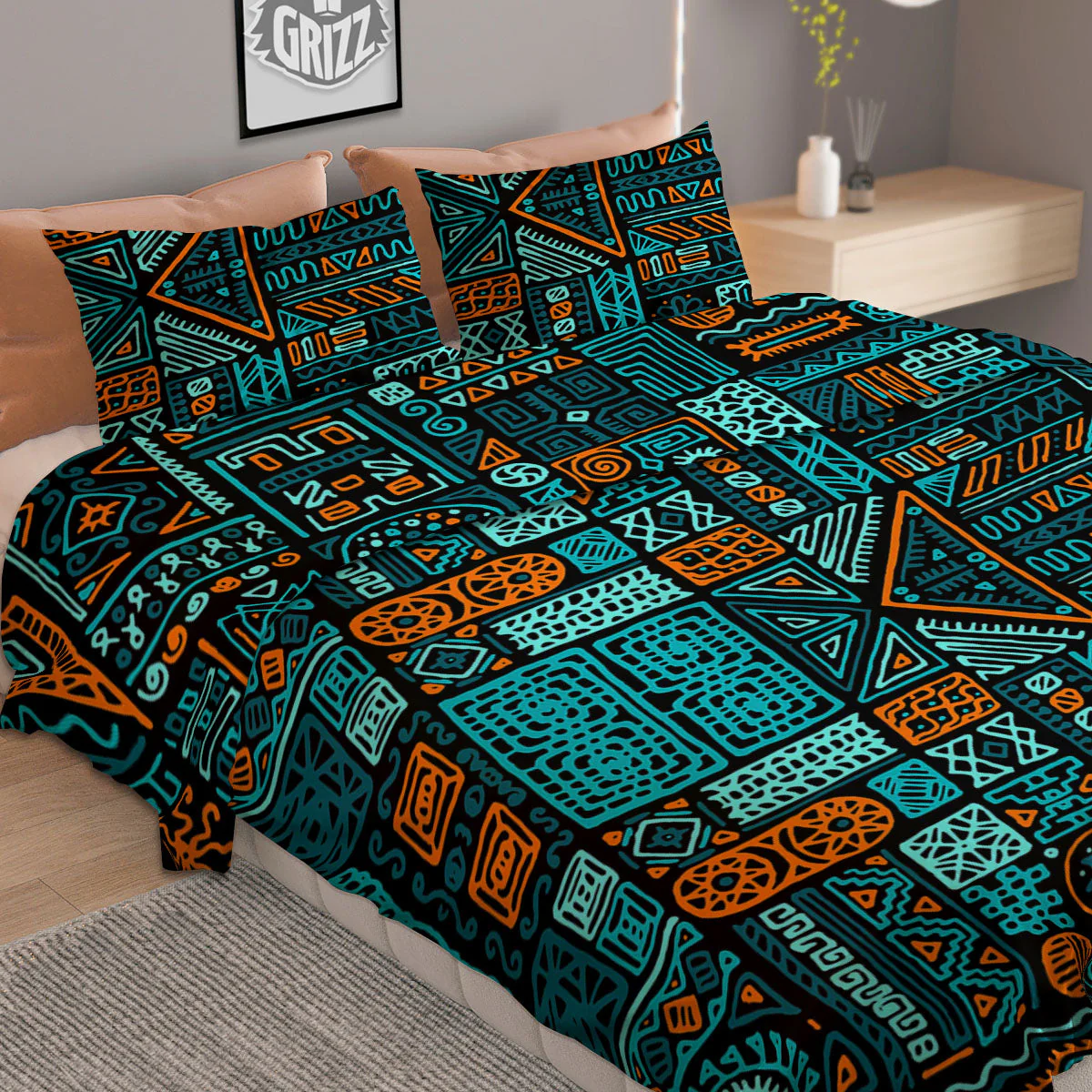 Ethnic Turquoise African Print Pattern Duvet Cover Bedding Set - Image 2