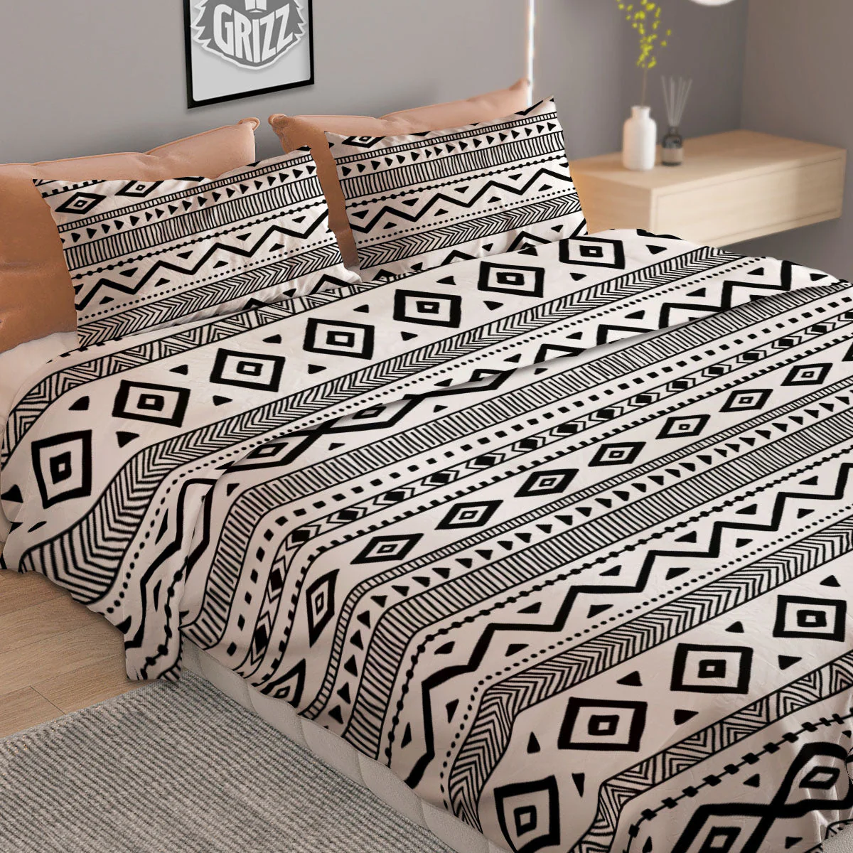 Ethnic White And Black Print Pattern Duvet Cover Bedding Set - Image 2