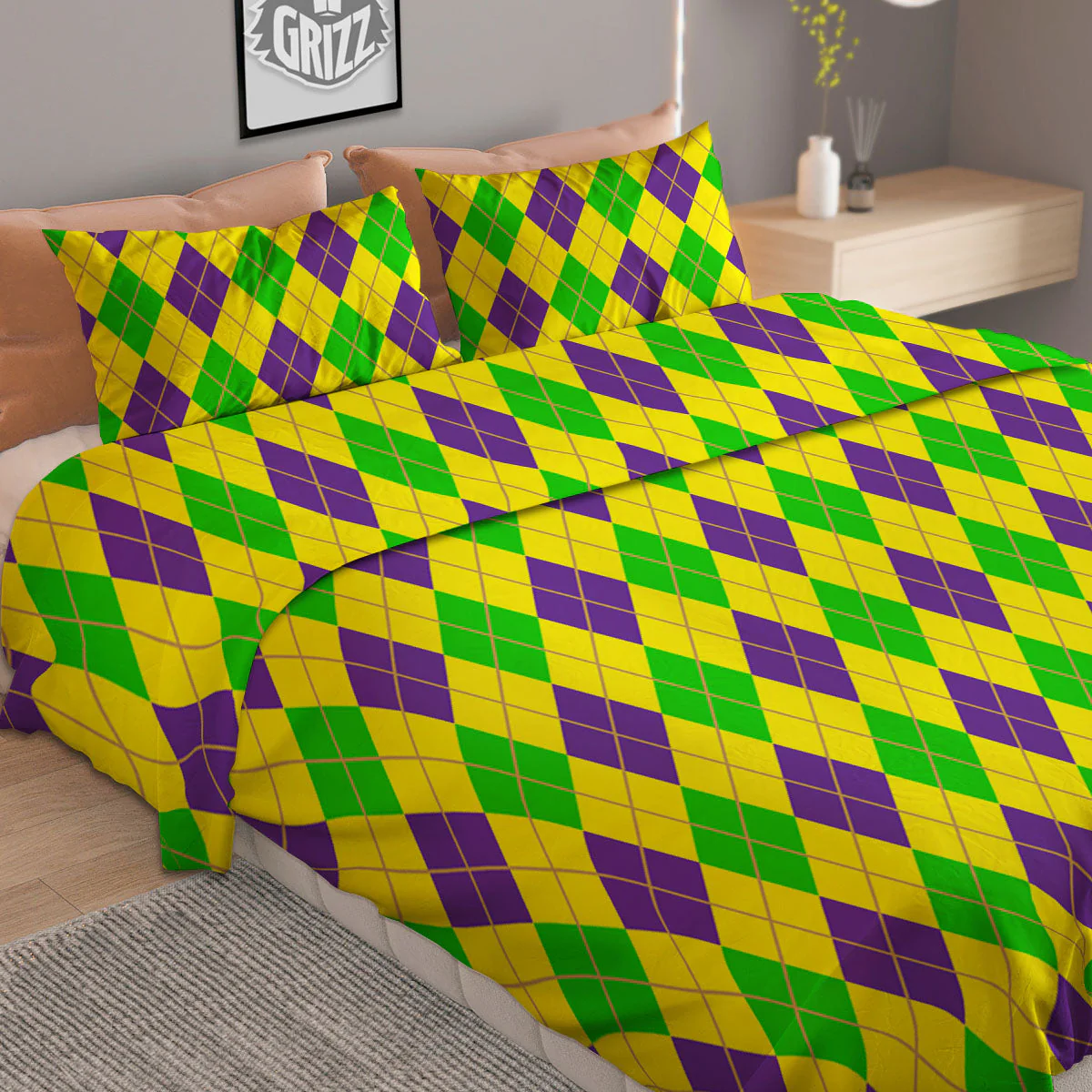 Fat Tuesday Argyle Mardi Gras Print Duvet Cover Bedding Set - Image 2