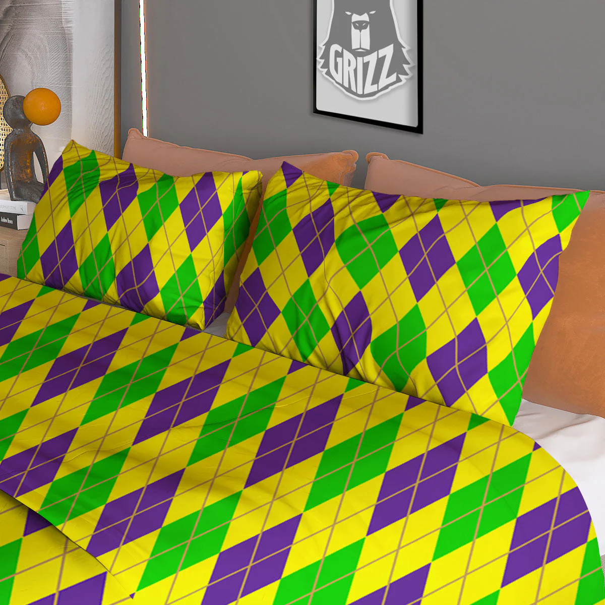 Fat Tuesday Argyle Mardi Gras Print Duvet Cover Bedding Set - Image 3
