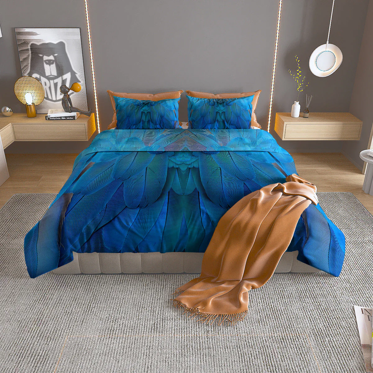 Feather Blue Print Duvet Cover Bedding Set