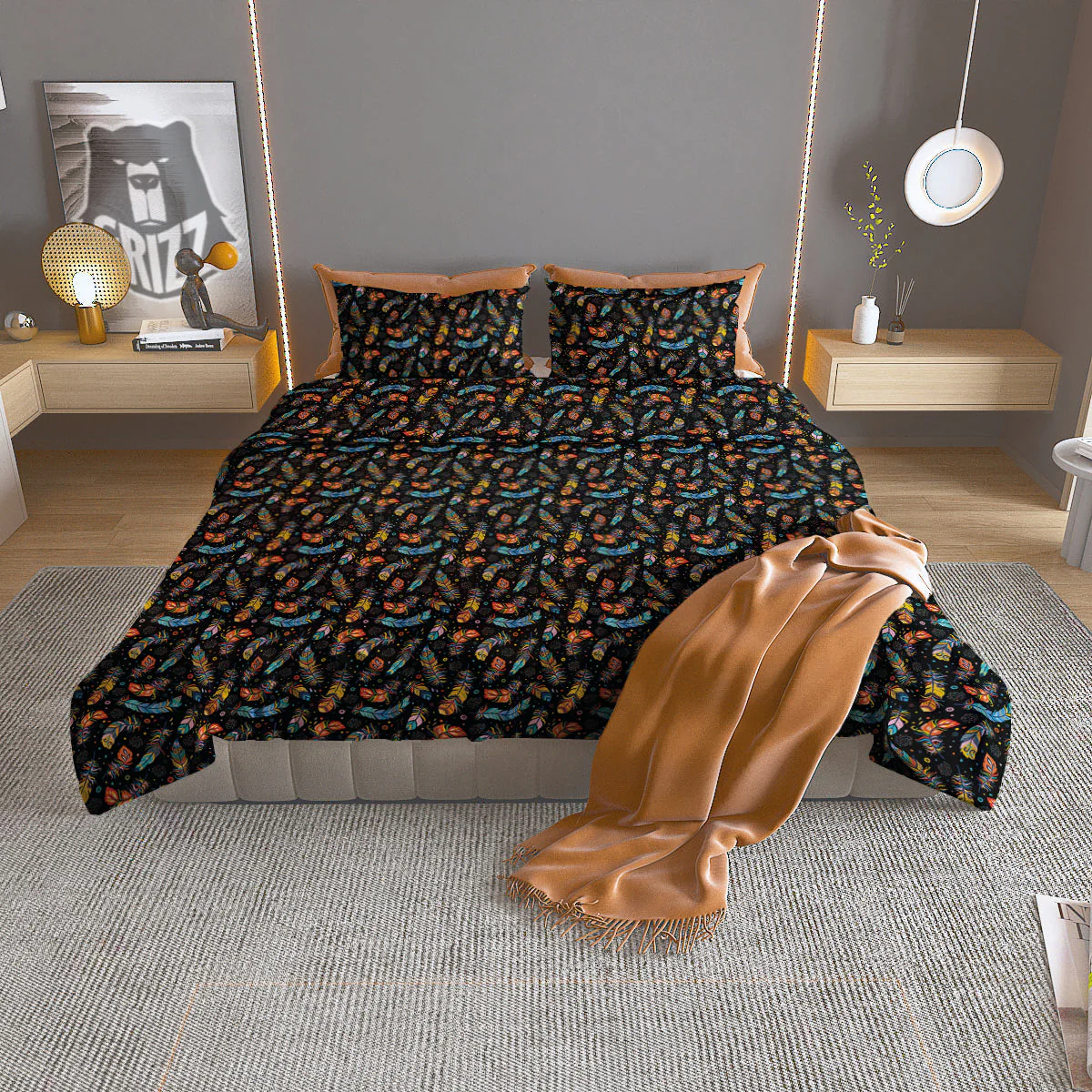 Feather Boho Print Pattern Duvet Cover Bedding Set