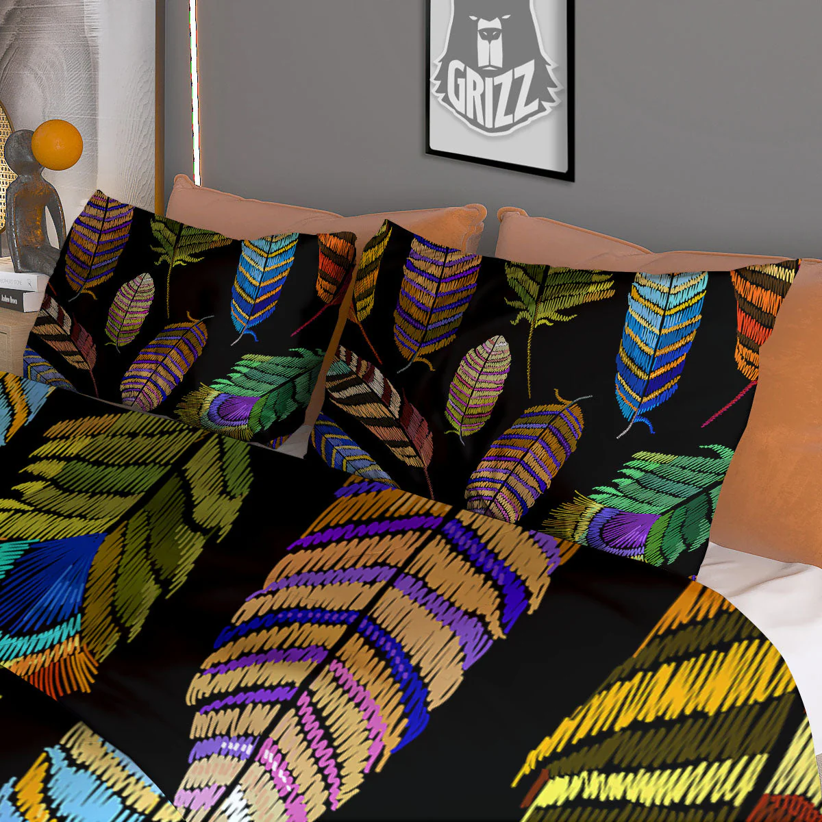 Feather Embroidery Peacock Print Duvet Cover Bedding Set - Image 3
