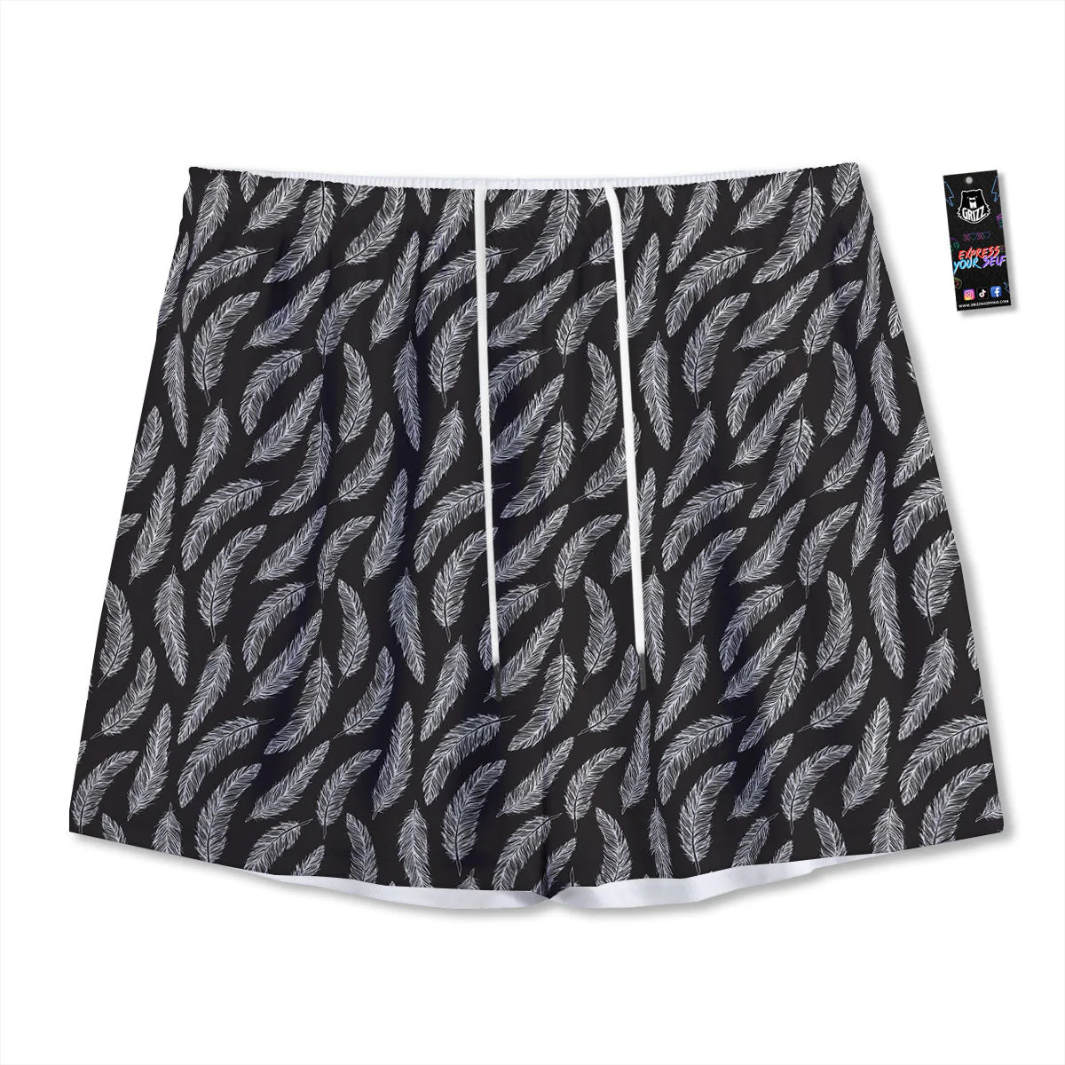 Feather White And Black Print Pattern Mesh Shorts