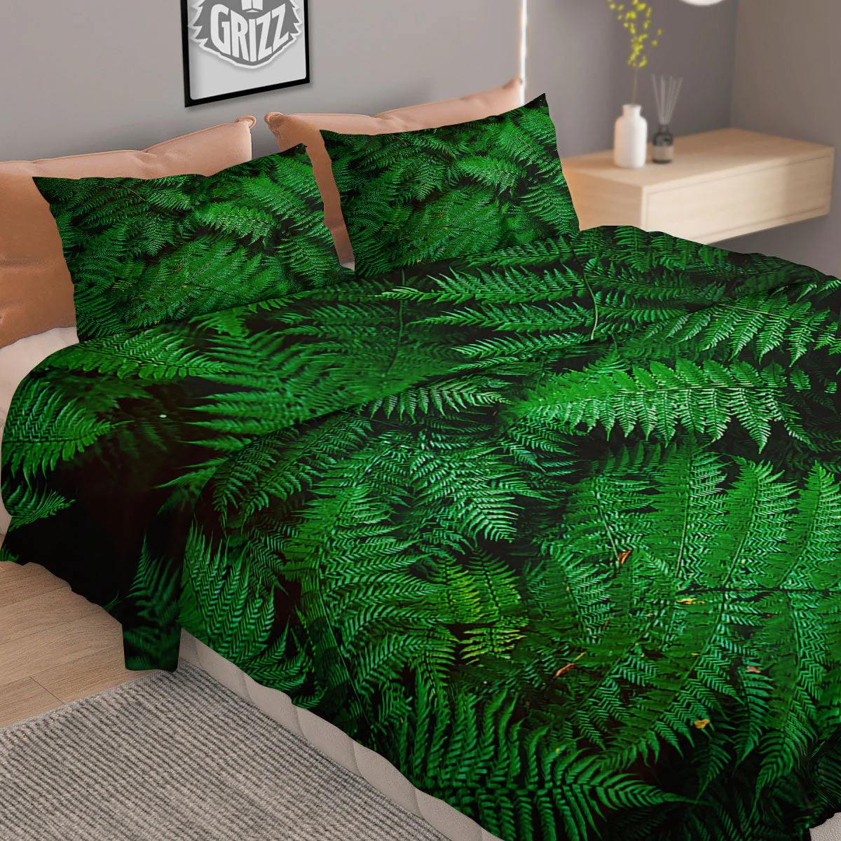 Fern Leaf Green Print Duvet Cover Bedding Set - Image 2