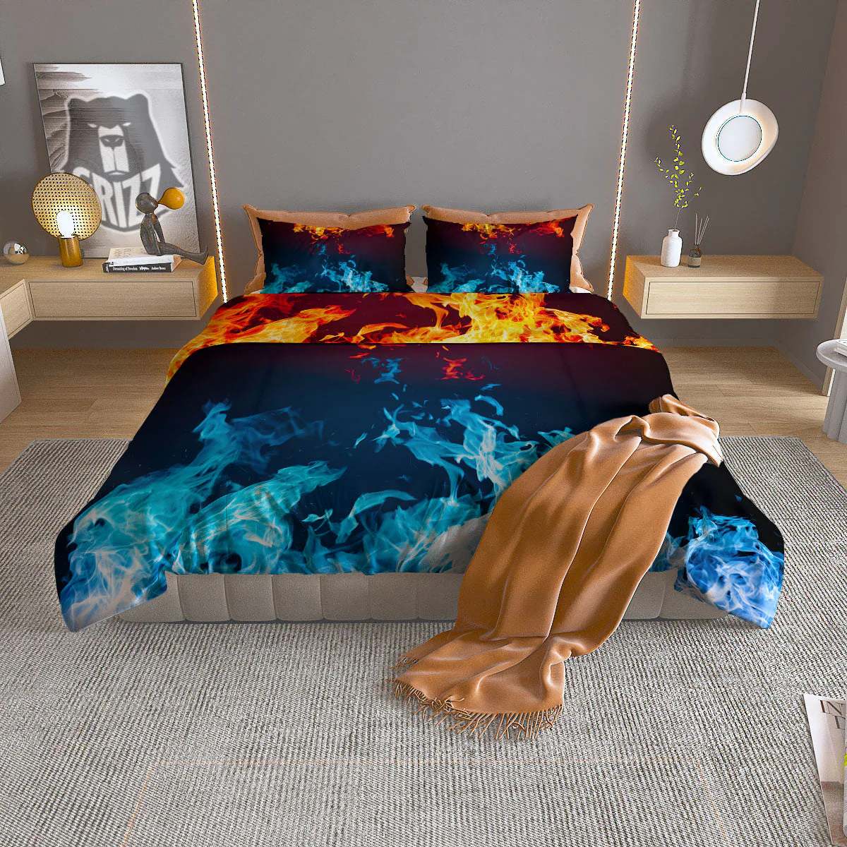 Fire Blue And Red Print Duvet Cover Bedding Set