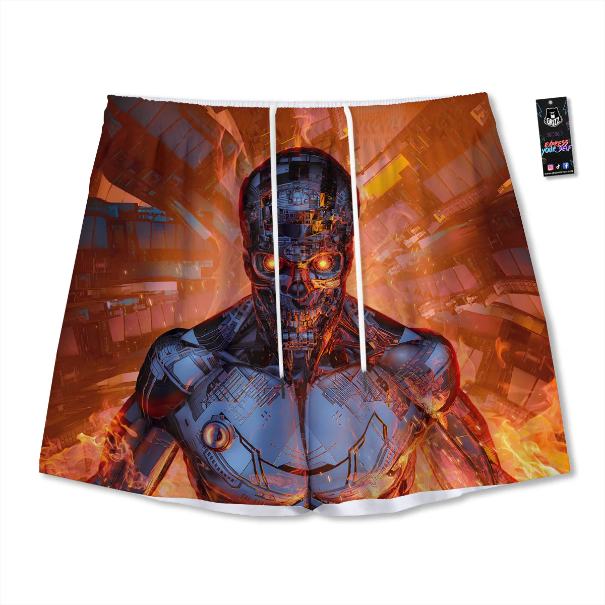 Fire Skeleton Robot Print Mesh Shorts