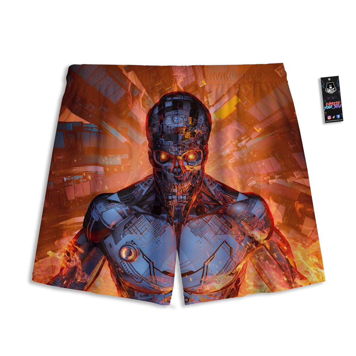 Fire Skeleton Robot Print Mesh Shorts - Image 2