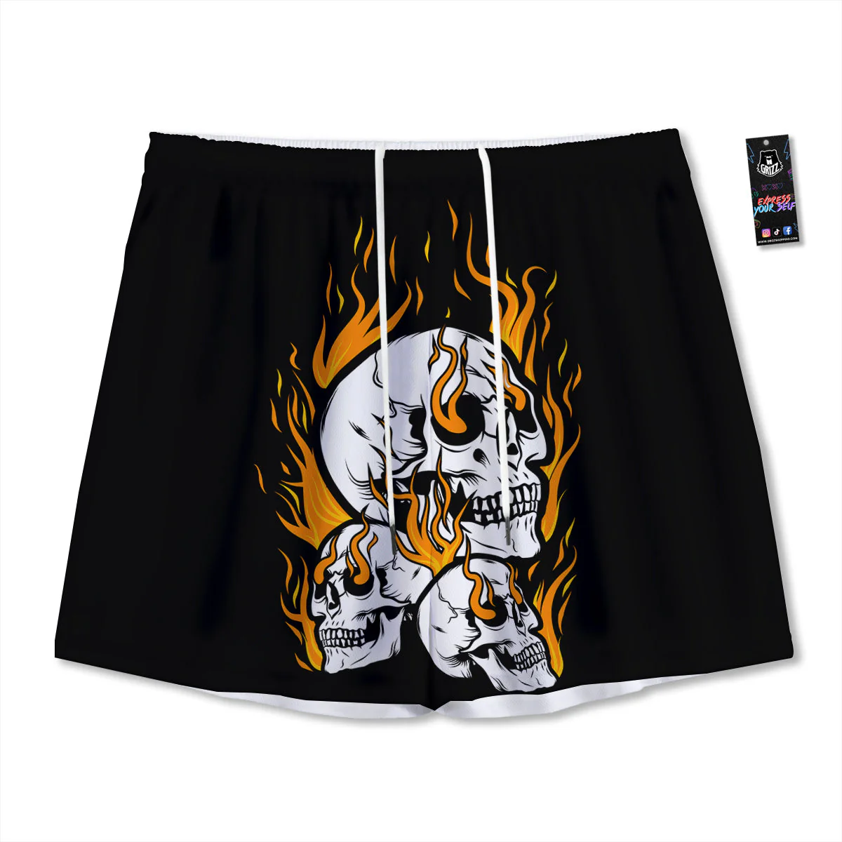 Fire Skull Head Print Mesh Shorts