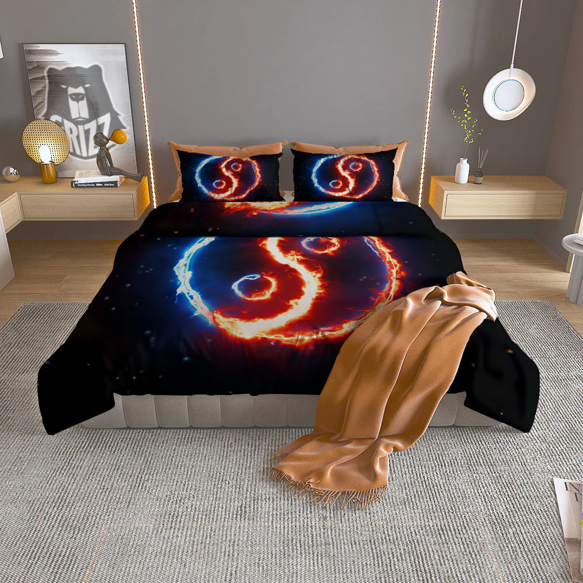 Fire Yin Yang Blue And Red Print Duvet Cover Bedding Set