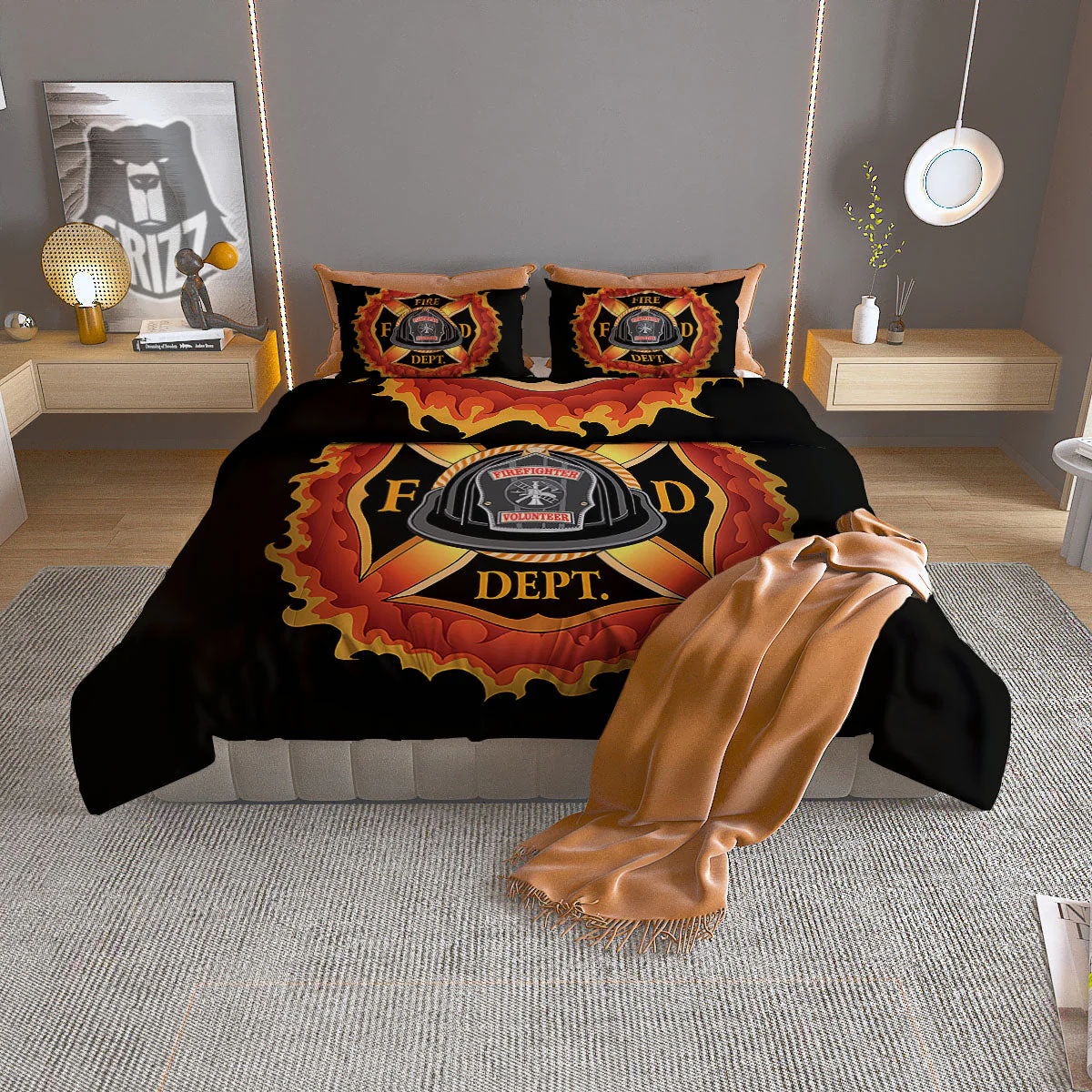 Firefighter Emblem Flaming Print Duvet Cover Bedding Set