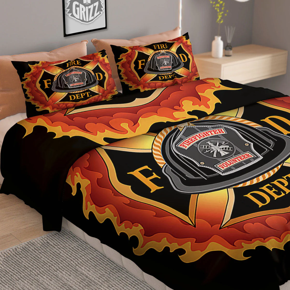 Firefighter Emblem Flaming Print Duvet Cover Bedding Set - Image 2
