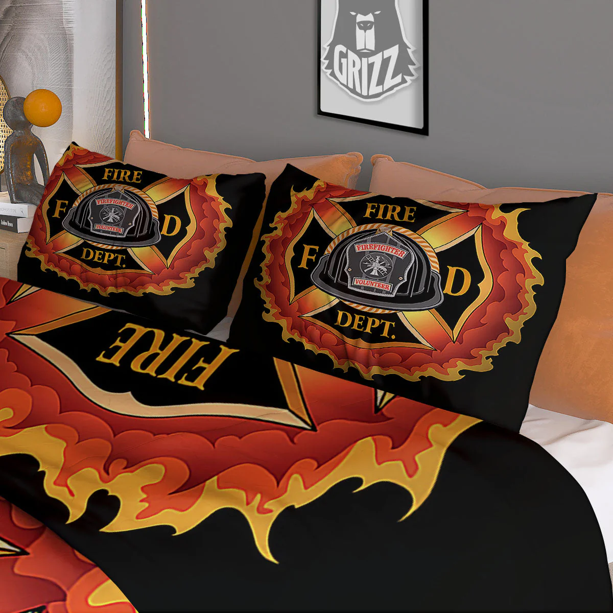 Firefighter Emblem Flaming Print Duvet Cover Bedding Set - Image 3