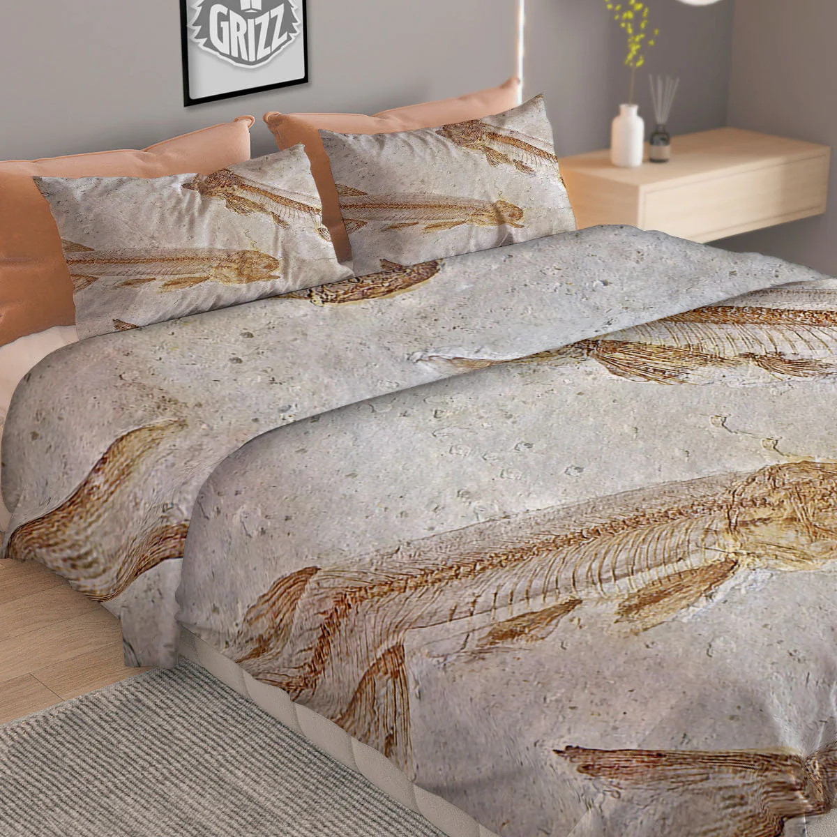 Fish Fossil Lycoptera Print Duvet Cover Bedding Set - Image 2