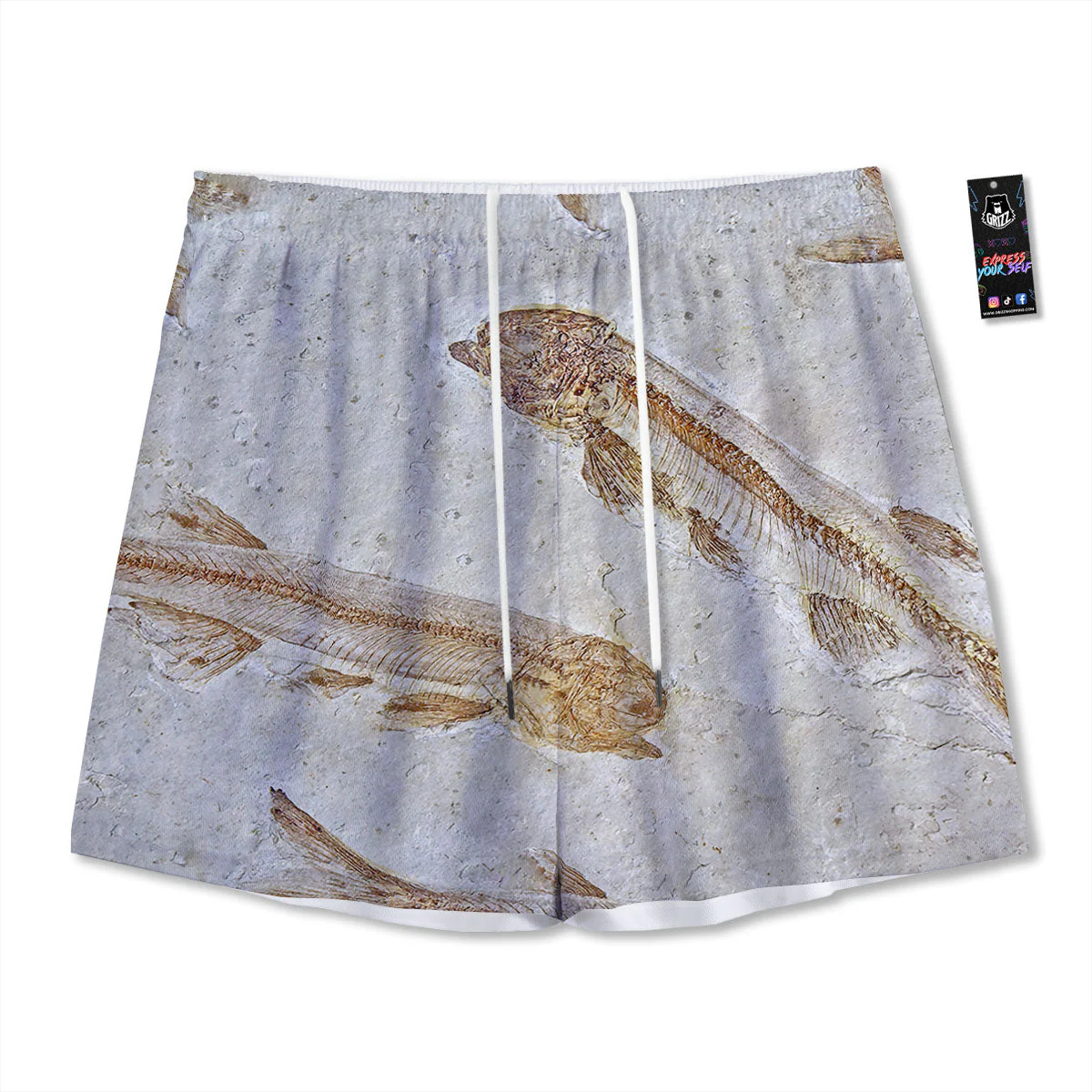 Fish Fossil Lycoptera Print Mesh Shorts