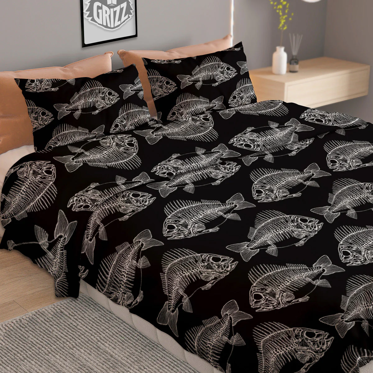 Fish Skeleton Print Pattern Duvet Cover Bedding Set - Image 2