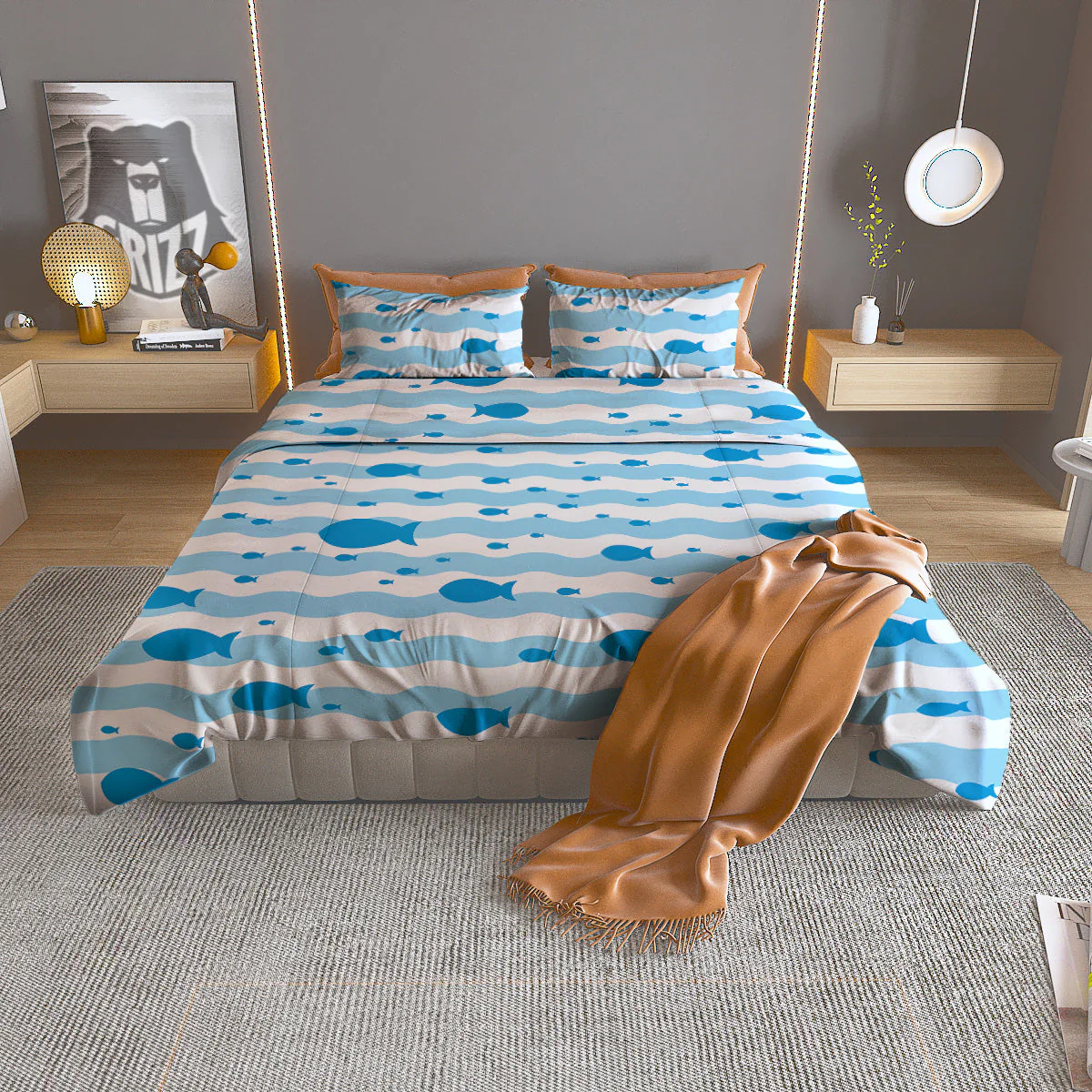 Fish Swimming In Blue Sea Print Pattern Duvet Cover Bedding Set