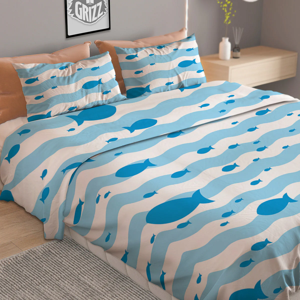 Fish Swimming In Blue Sea Print Pattern Duvet Cover Bedding Set - Image 2