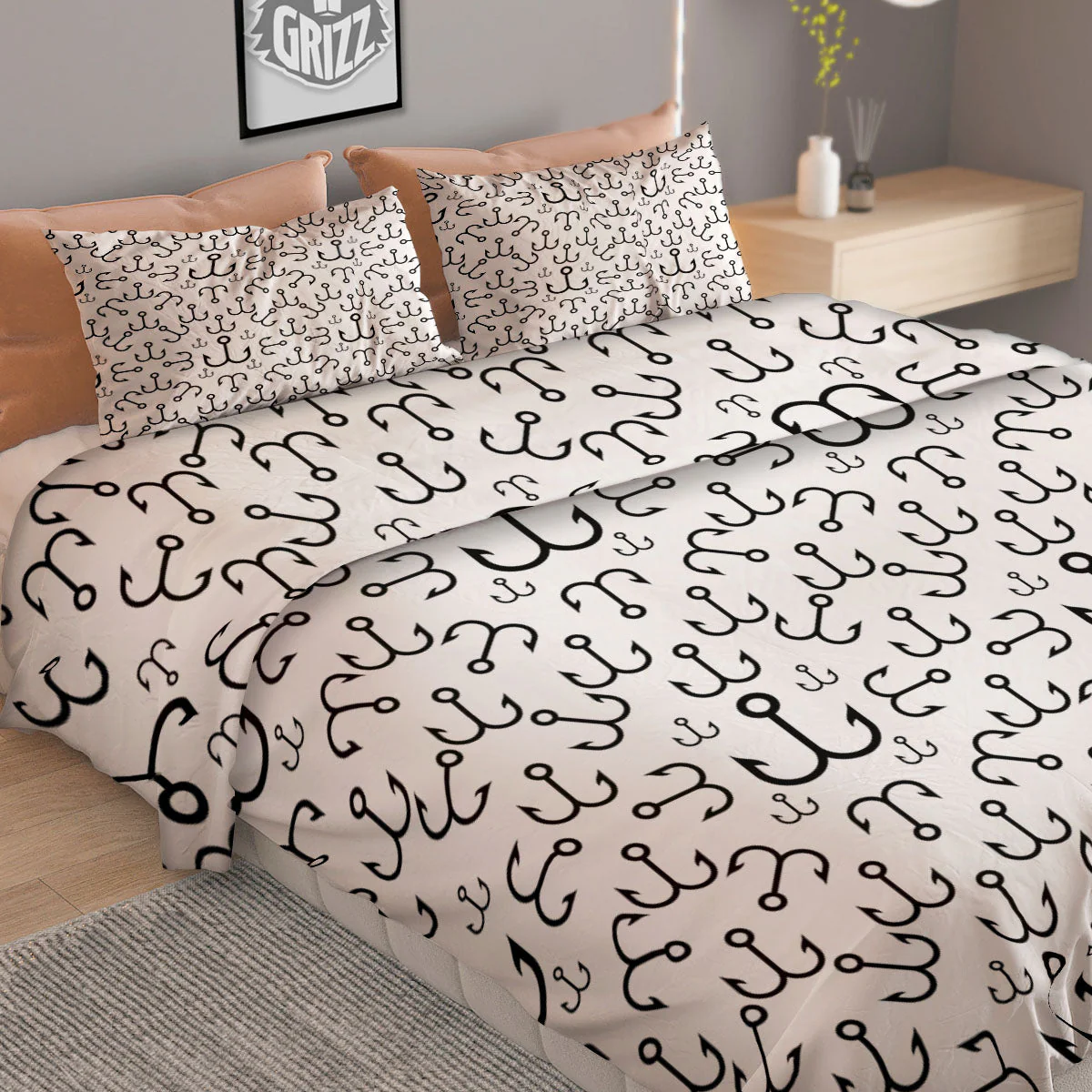 Fishing Hooks White And Black Print Duvet Cover Bedding Set - Image 2
