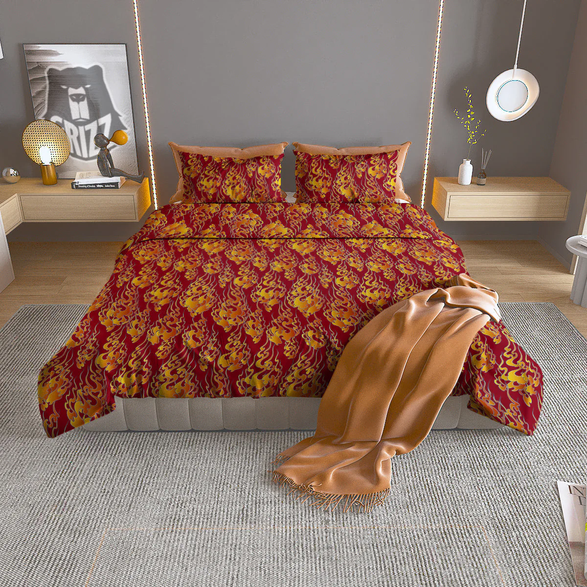 Flame Burning Japanese Art Print Pattern Duvet Cover Bedding Set