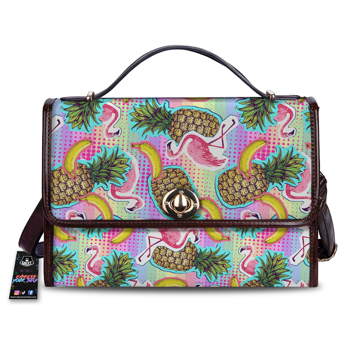 Flamingo And Pineapple Rainbow Print Pattern Women's Satchel Bag