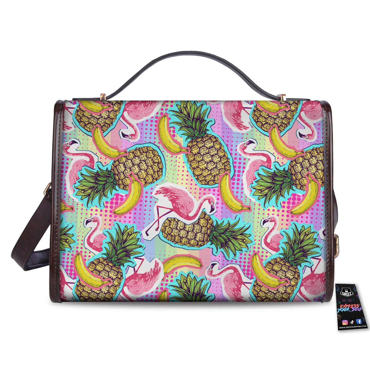 Flamingo And Pineapple Rainbow Print Pattern Women's Satchel Bag - Image 2