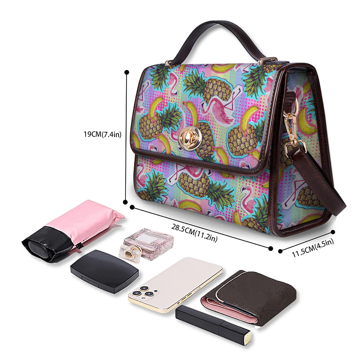 Flamingo And Pineapple Rainbow Print Pattern Women's Satchel Bag - Image 4