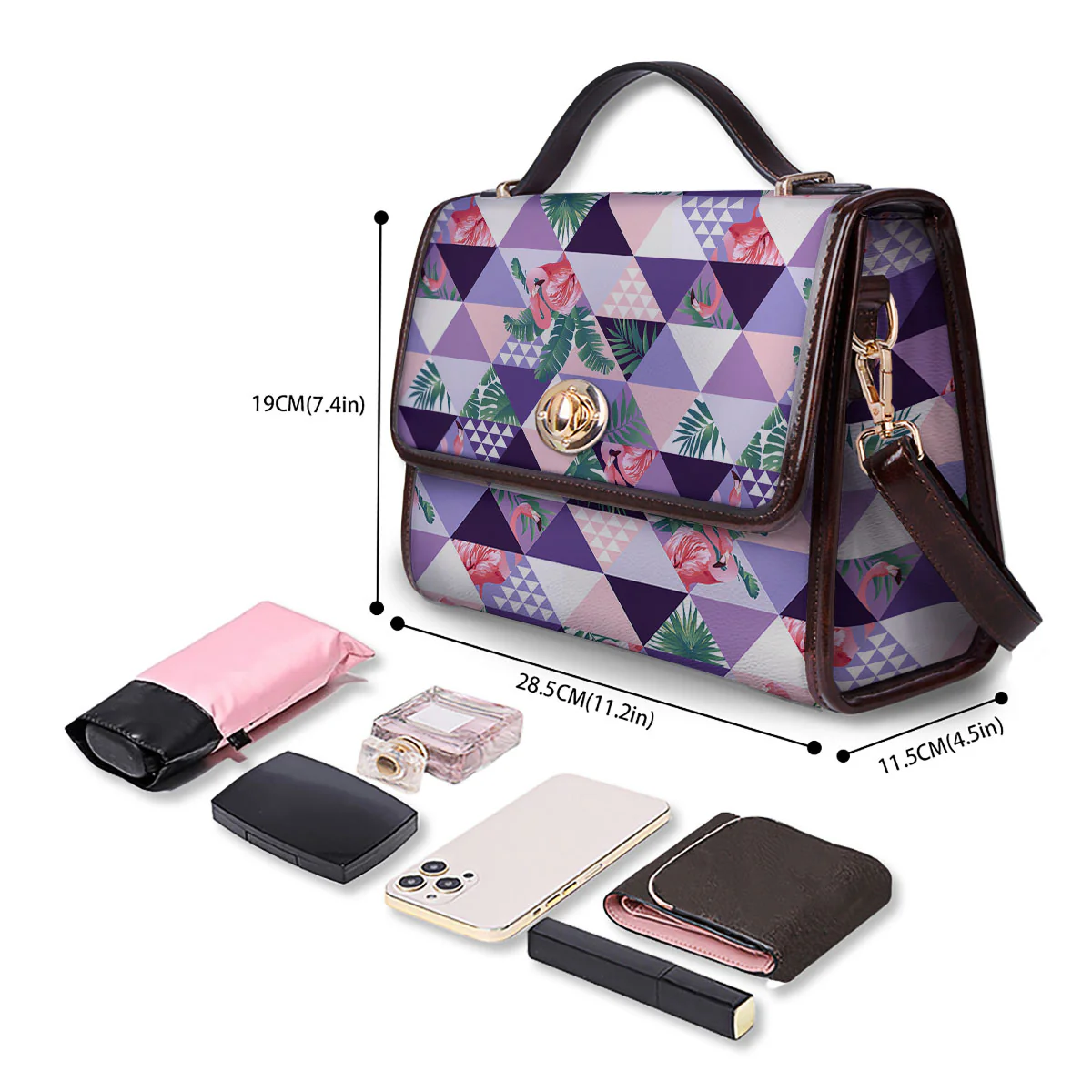 Flamingo Geometric Purple Print Pattern Women's Satchel Bag - Image 4