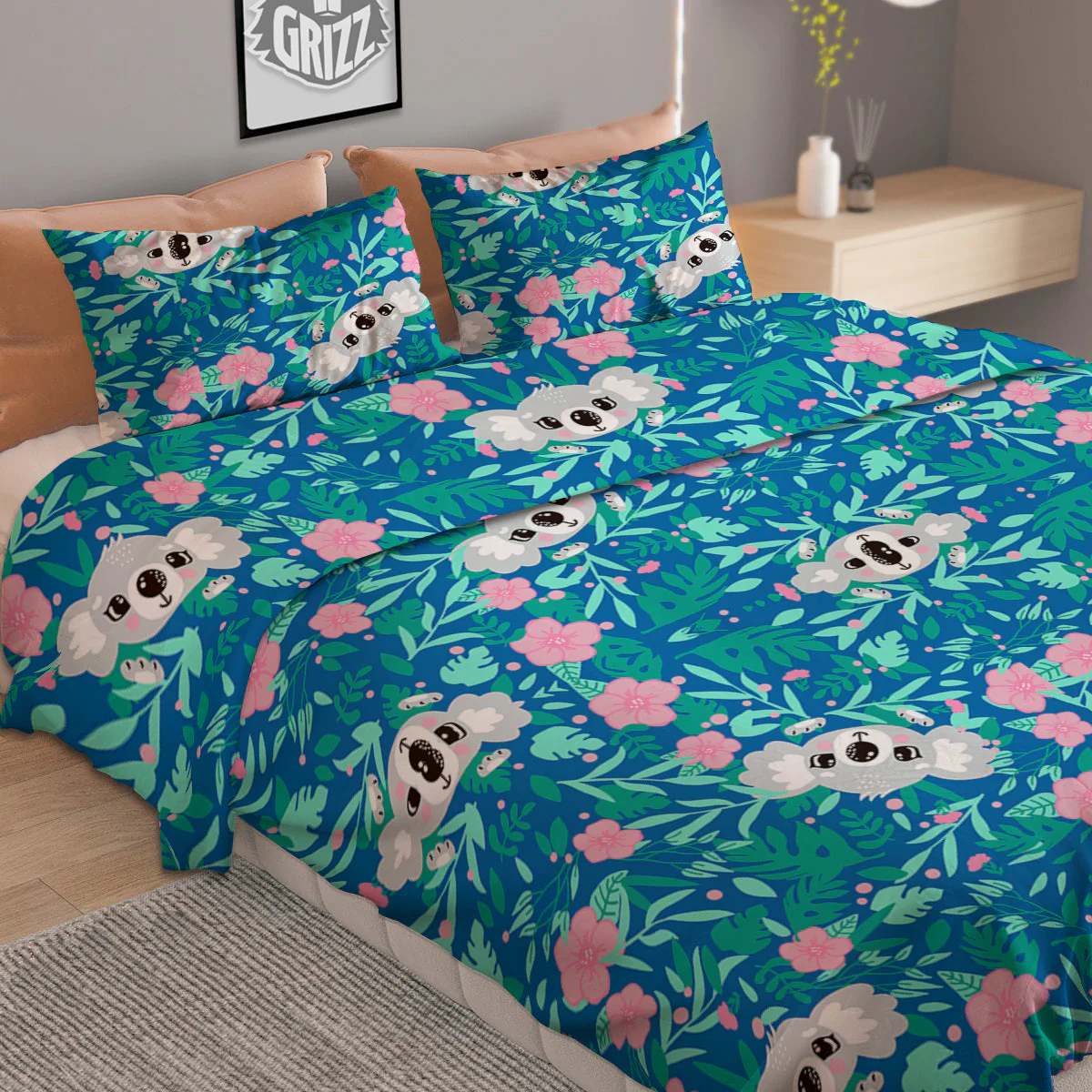 Floral And Baby Koala Print Pattern Duvet Cover Bedding Set - Image 2