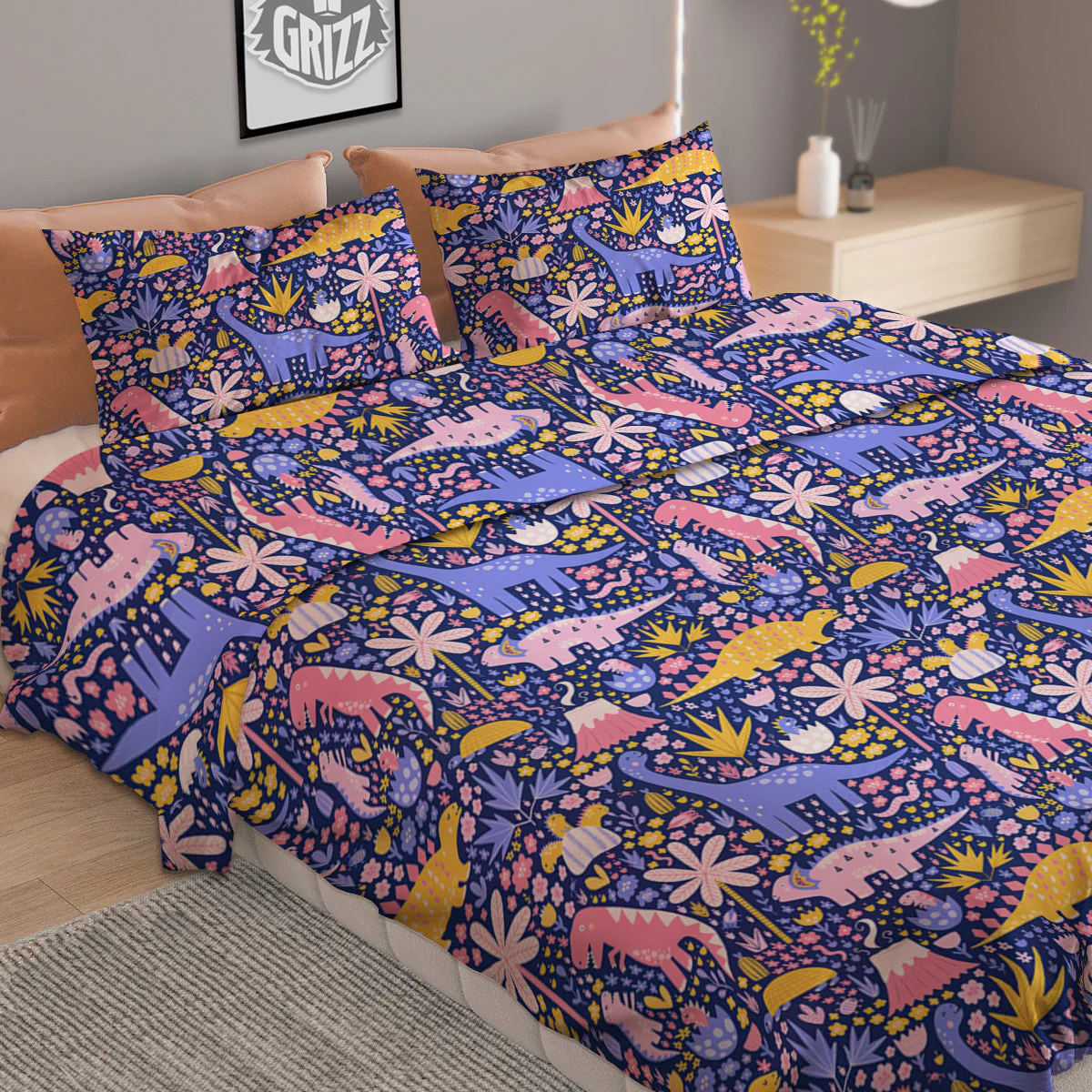Floral And Cute Dinosaur Print Pattern Duvet Cover Bedding Set - Image 2