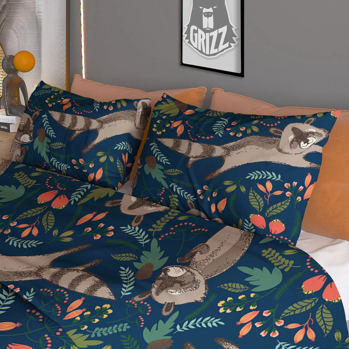 Floral And Raccoon Print Pattern Duvet Cover Bedding Set - Image 3