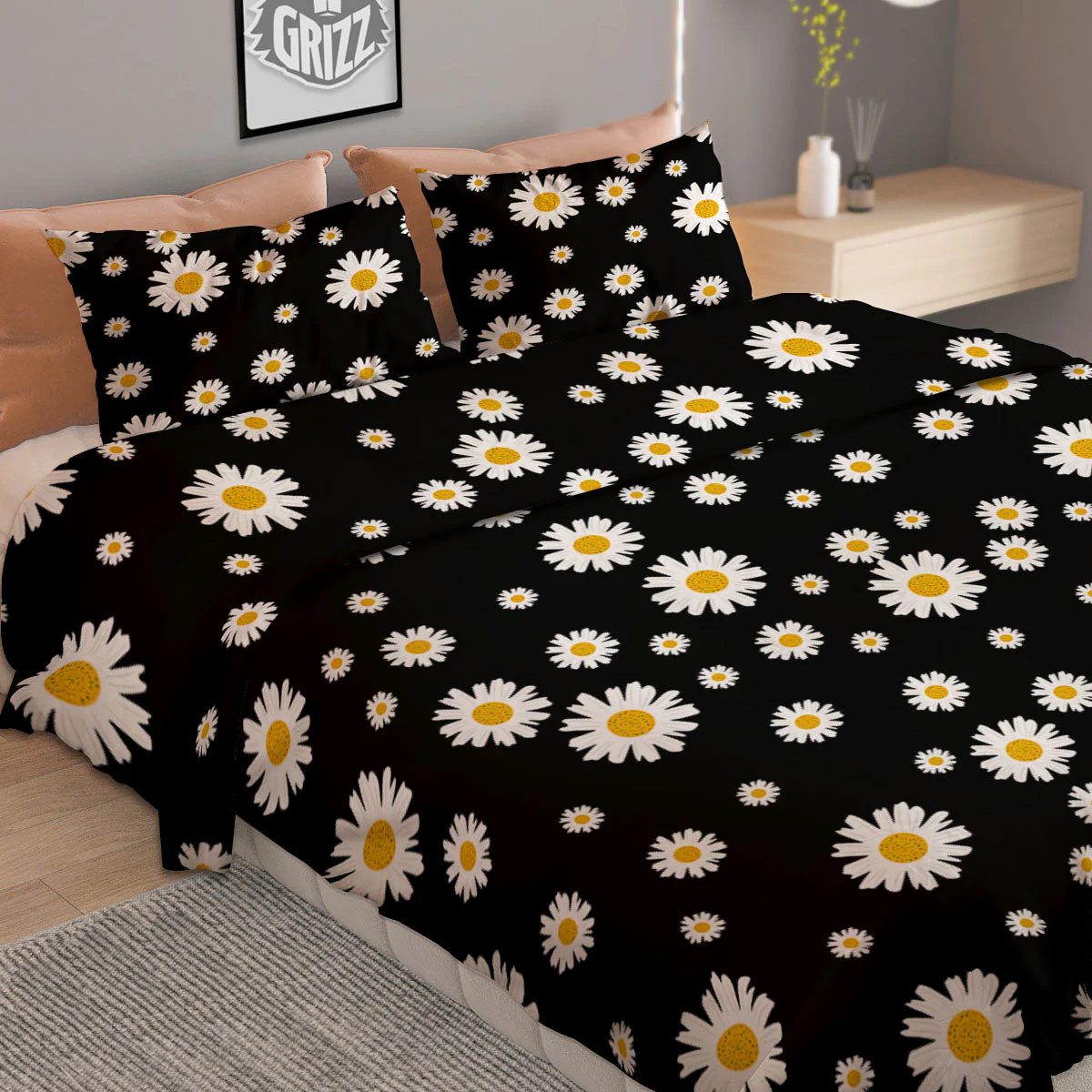Floral Black Daisy Print Pattern Duvet Cover Bedding Set - Image 2